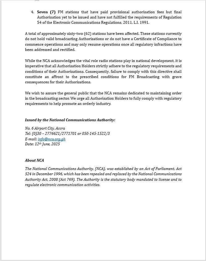 NCA orders shutdown of 62 FM radio stations in Ghana over regulatory violations