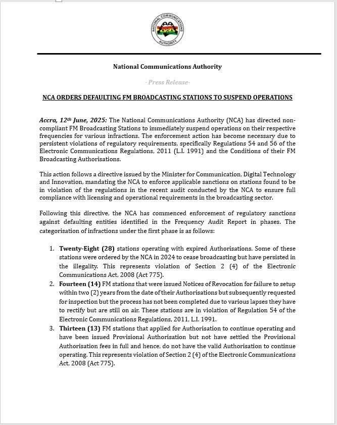 NCA orders shutdown of 62 FM radio stations in Ghana over regulatory violations