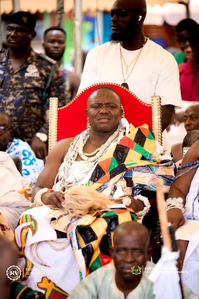 Nene Ofei Tagbaja seated in traditional regalia during his enstoolment ceremony at Asesewa