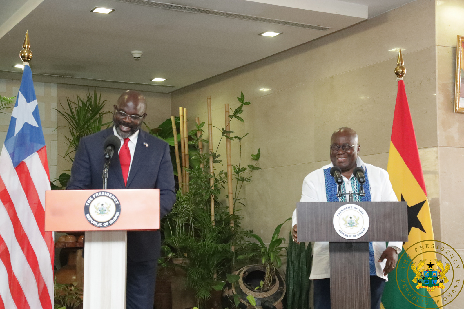 President Akufo-Addo and President Weah address a joint press conference at the Jubilee House