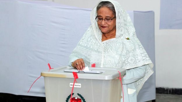PM Sheikh Hasina, who has been in power since 2009, casts her ballot on Sunday