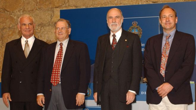 Larry Roberts (far left) with net pioneers Bob Kahn, Vint Cerf and web creator Sir Tim Berners-Lee