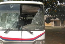 A bus was damaged during the melee