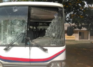A bus was damaged during the melee