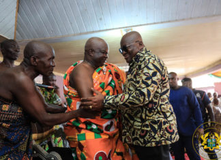 Katakyie Kwesi Bumangama II, Omanhene of Sefwi Wiawso, exchanging pleasantries with President Akufo-Addo