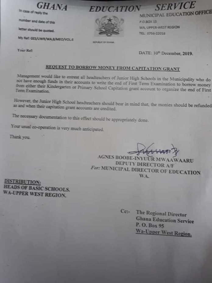 Borrow from kindergarten capitation grant for exams GES to school