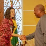 President Mahama and UK High Commissioner Harriet Thompson in farewell handshake