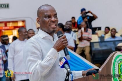 Education Minister Haruna Iddrisu interacts with students during 2025 BECE tour in Bono East